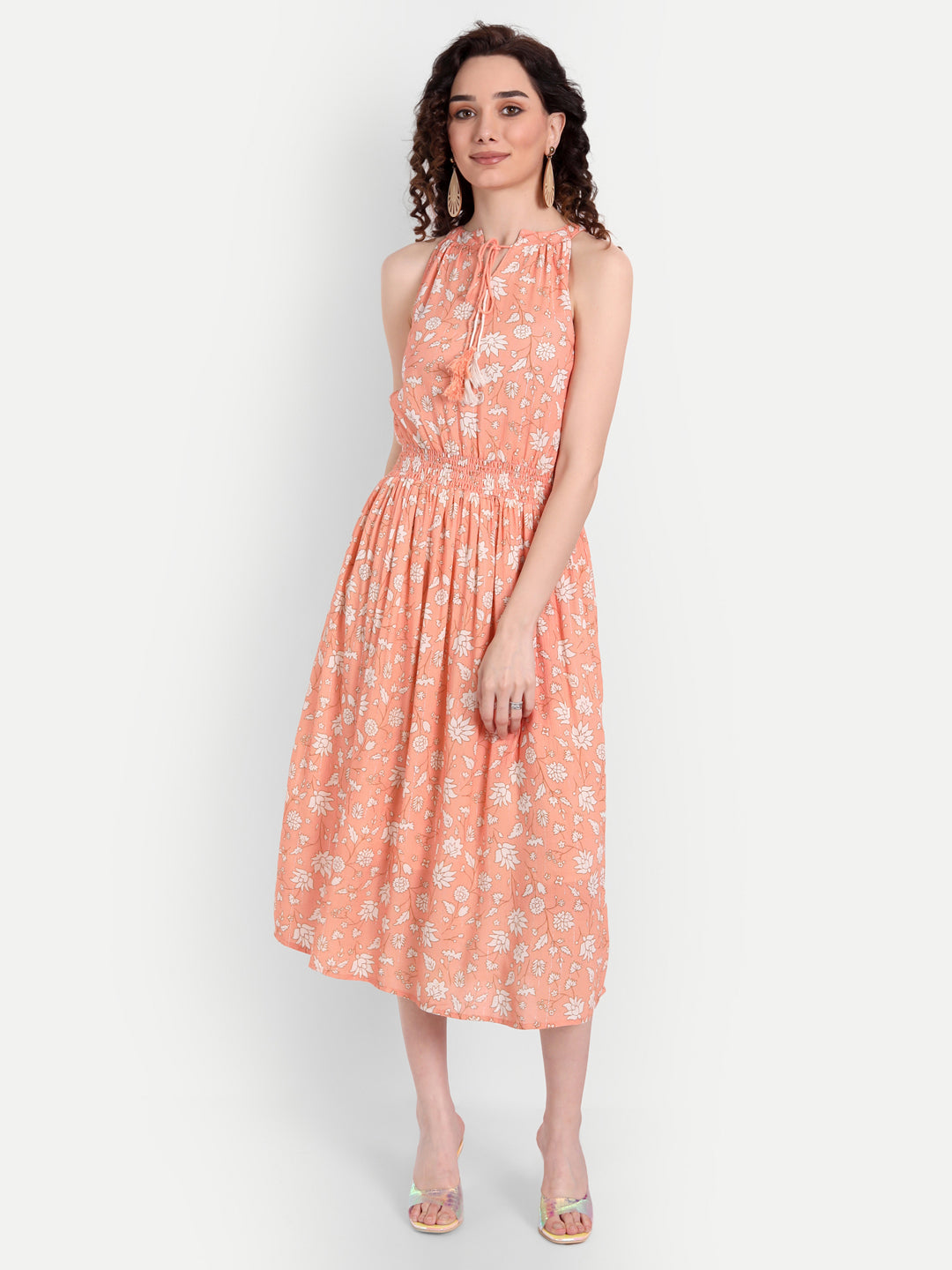 Peach-Coloured Floral Midi Dress