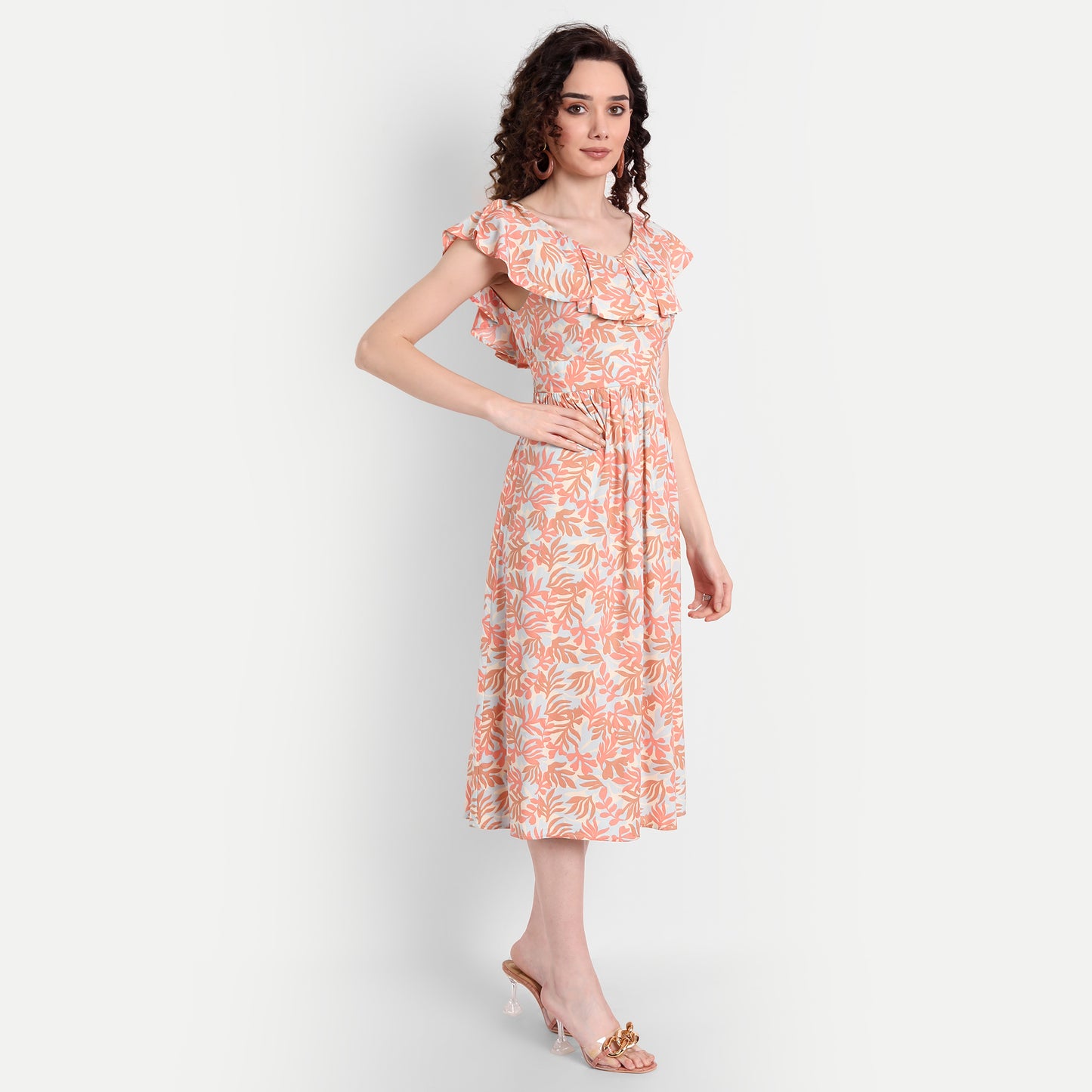 Peach-Coloured Floral Midi Dress