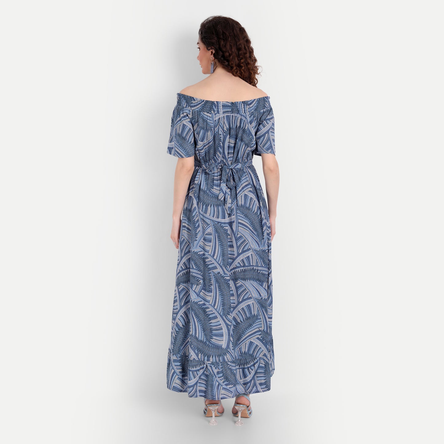 Blue Ethnic Motifs Off-Shoulder Maxi Dress
