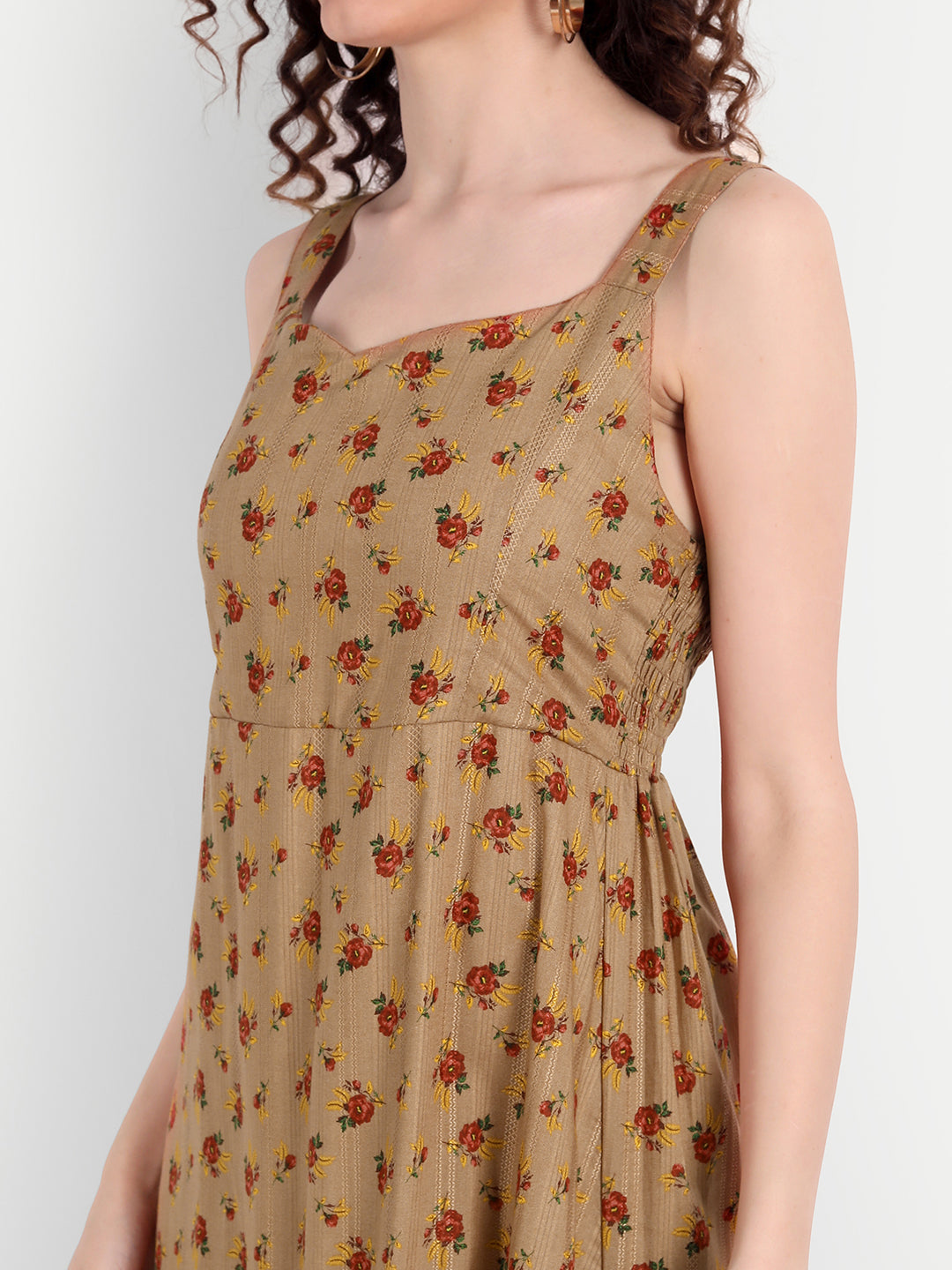 Brown Floral A-Line Midi Dress
