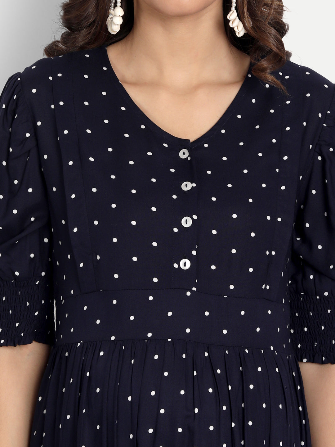 Navy Blue & White Polka Dots Printed Maternity Midi Dress