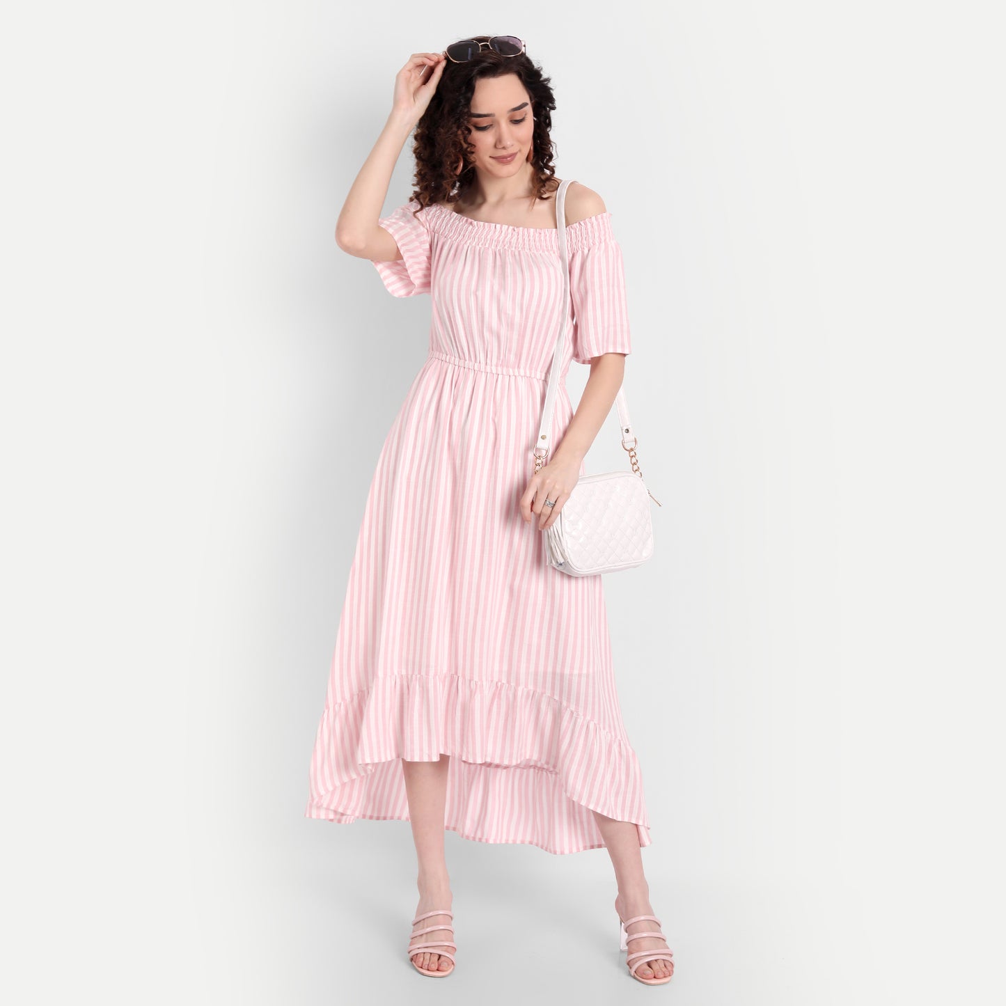 Pink Off-Shoulder Midi Dress