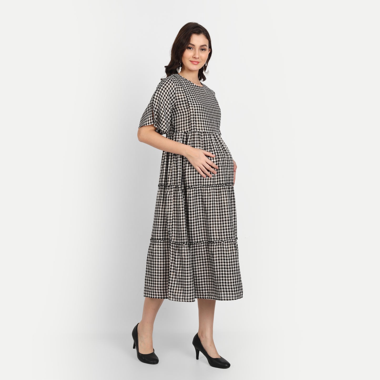 Black Checked A-Line Maternity Midi Dress
