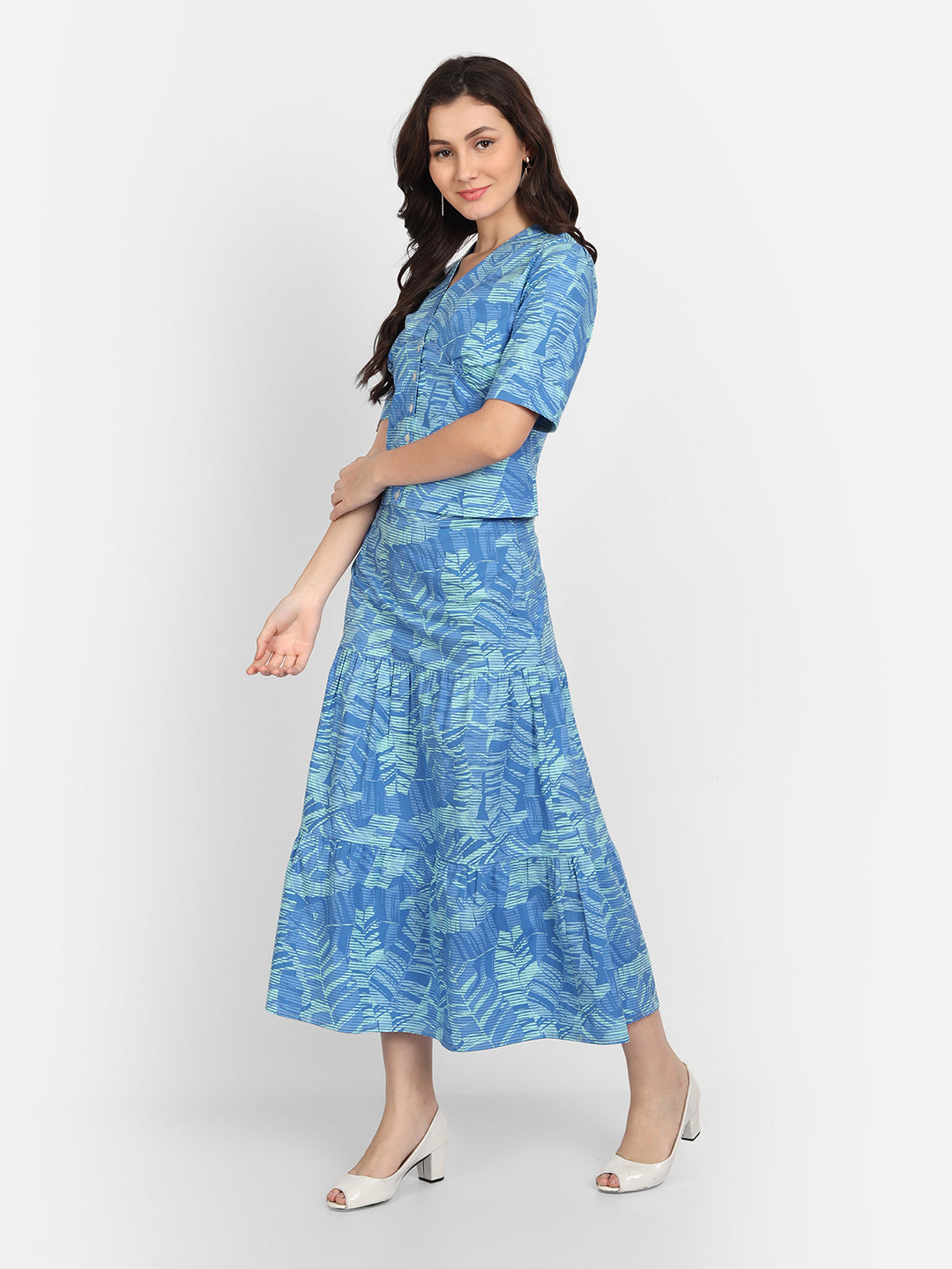 Women Printed Short Sleeves Top and Skirt Co-Ords