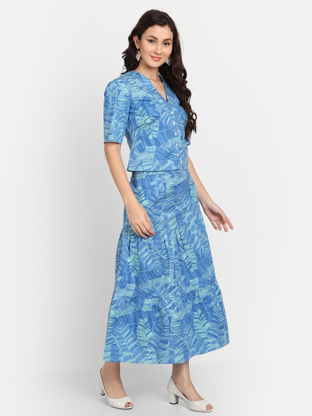 Women Printed Short Sleeves Top and Skirt Co-Ords