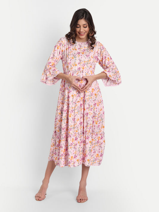 Pink Floral Maternity Midi Dress