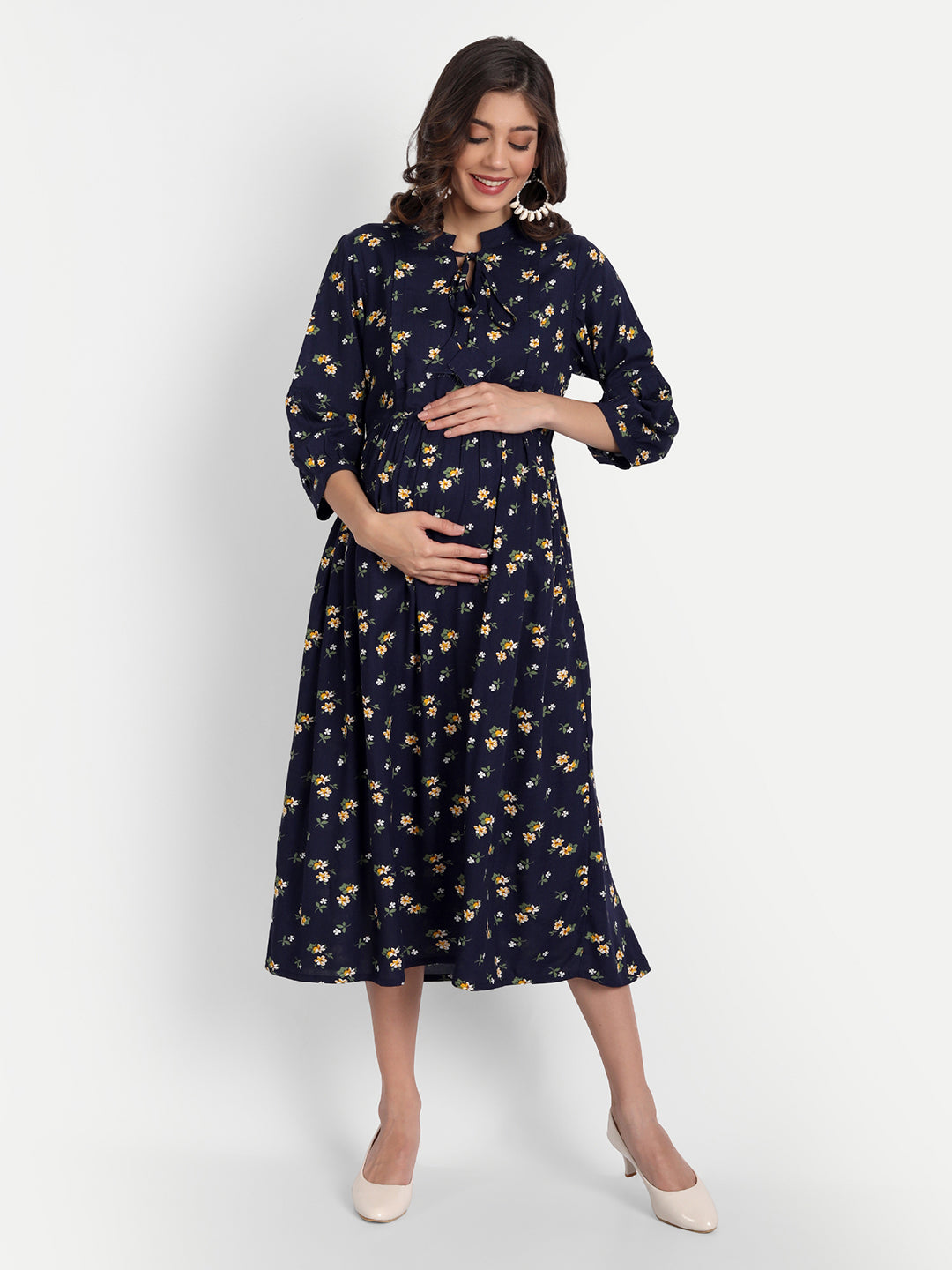 Maternity Navy Blue Floral Midi Dress