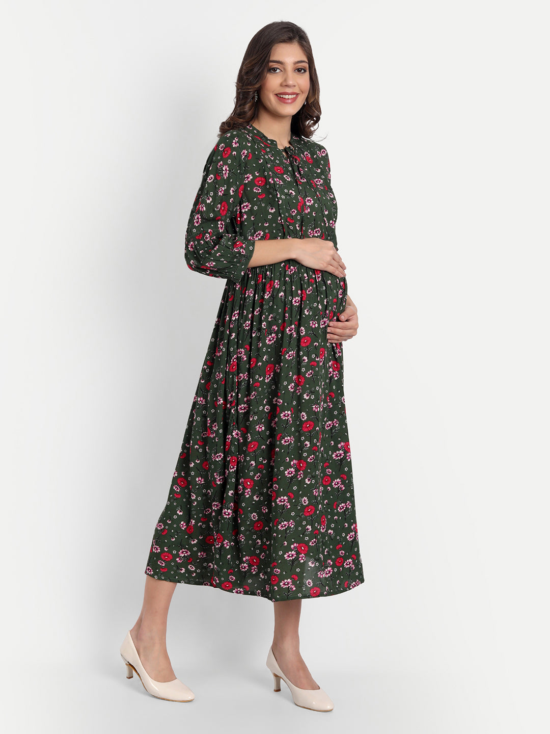 Green & Red Floral Printed Maternity Midi Dress
