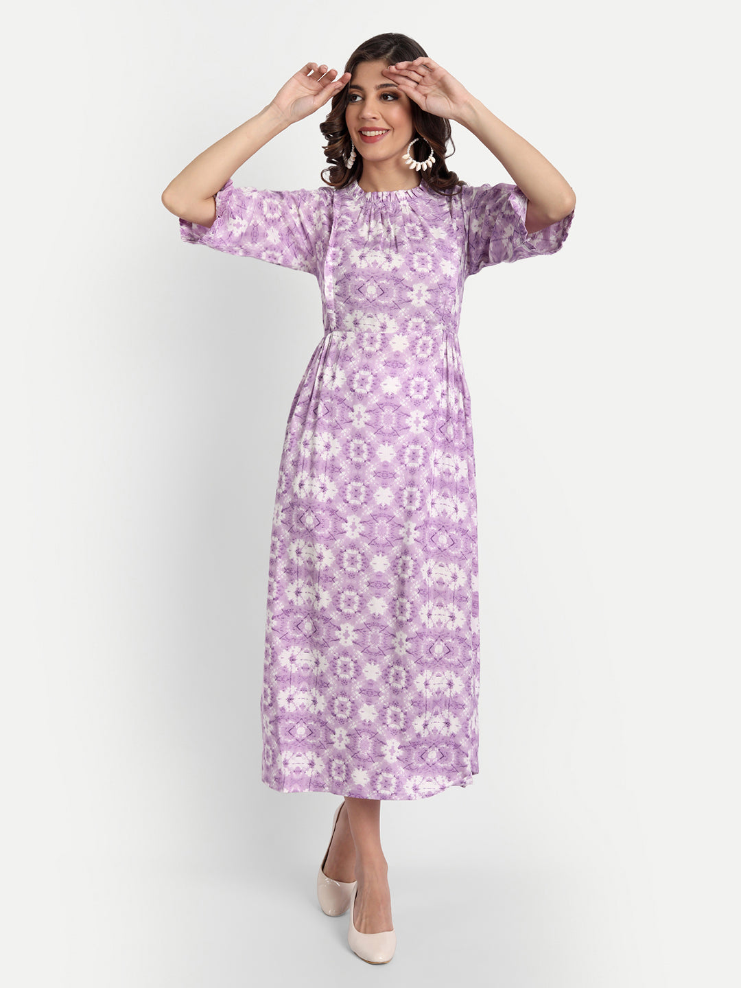 Purple & White Printed Maternity Midi Dress