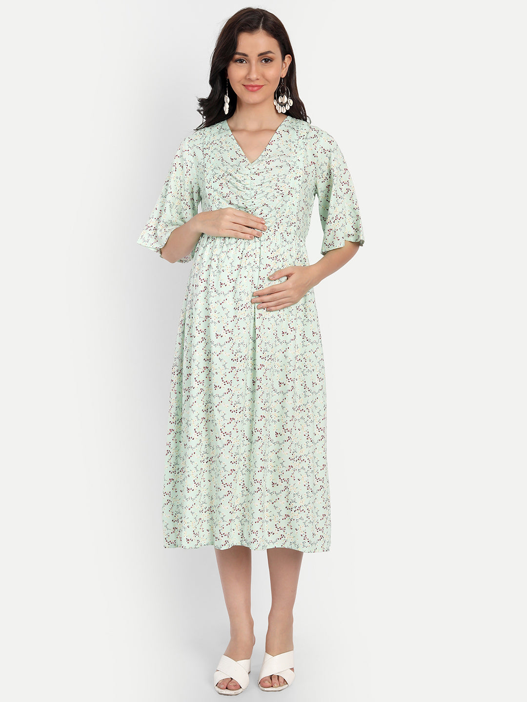Women Green Floral Maternity Midi Dress