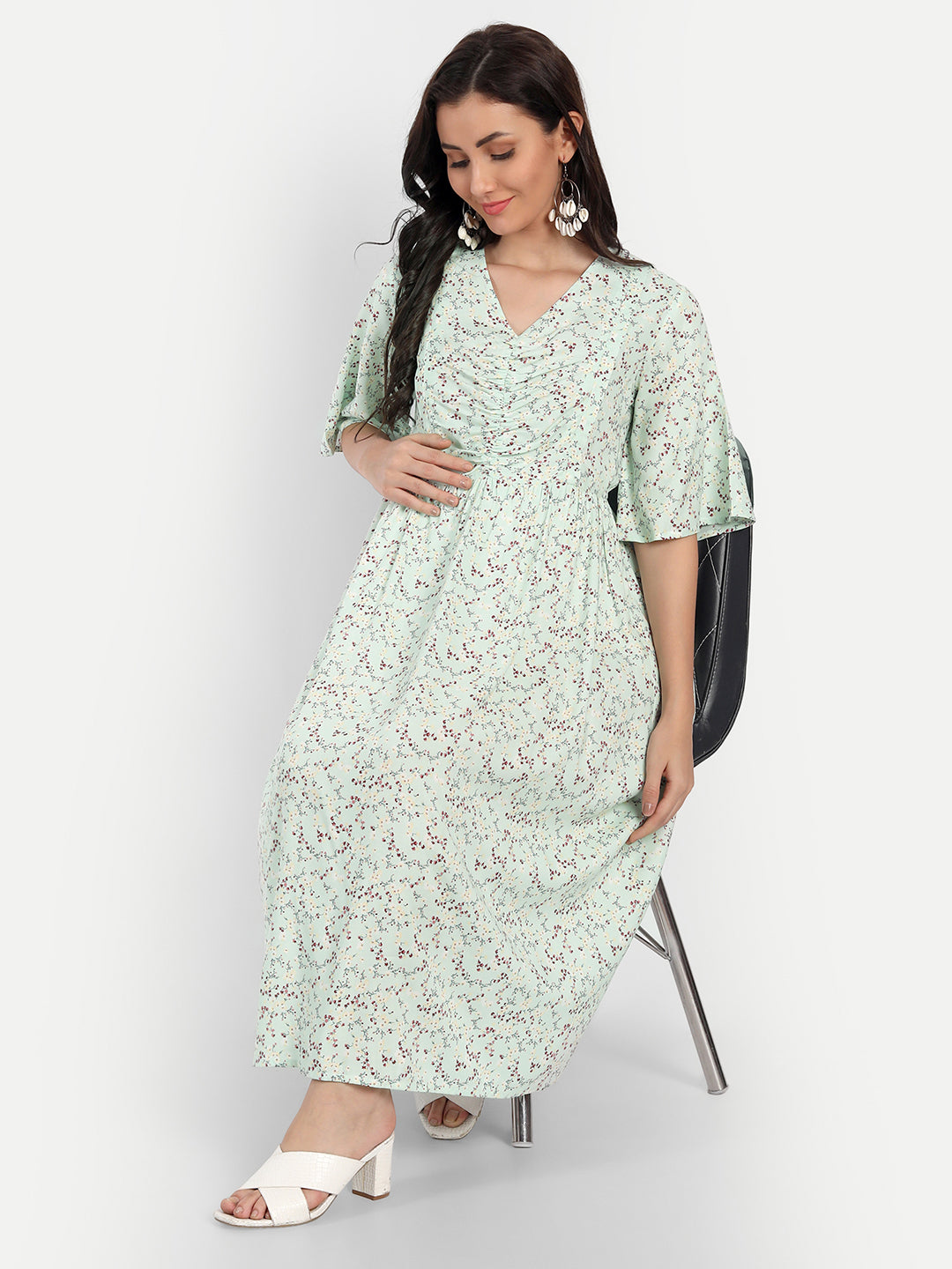 Women Green Floral Maternity Midi Dress