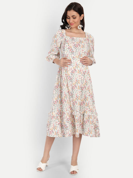 Cream-Coloured & Pink Floral Maternity Midi Dress