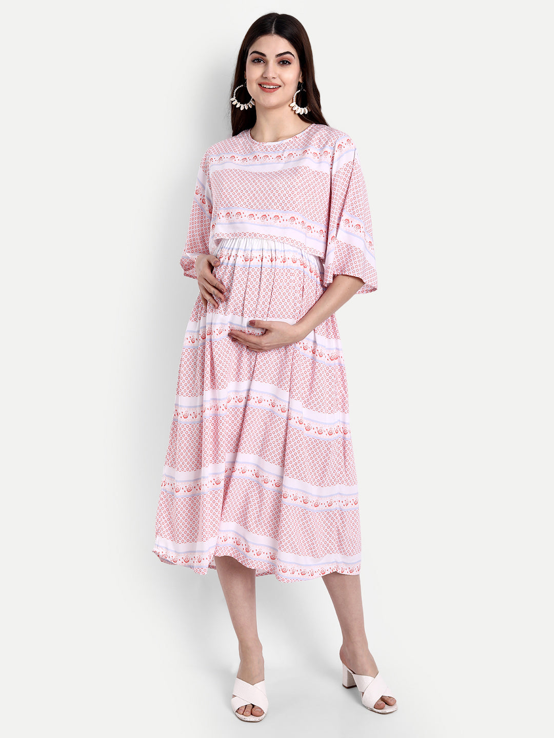 Pink Ethnic Motifs Maternity Midi Dress