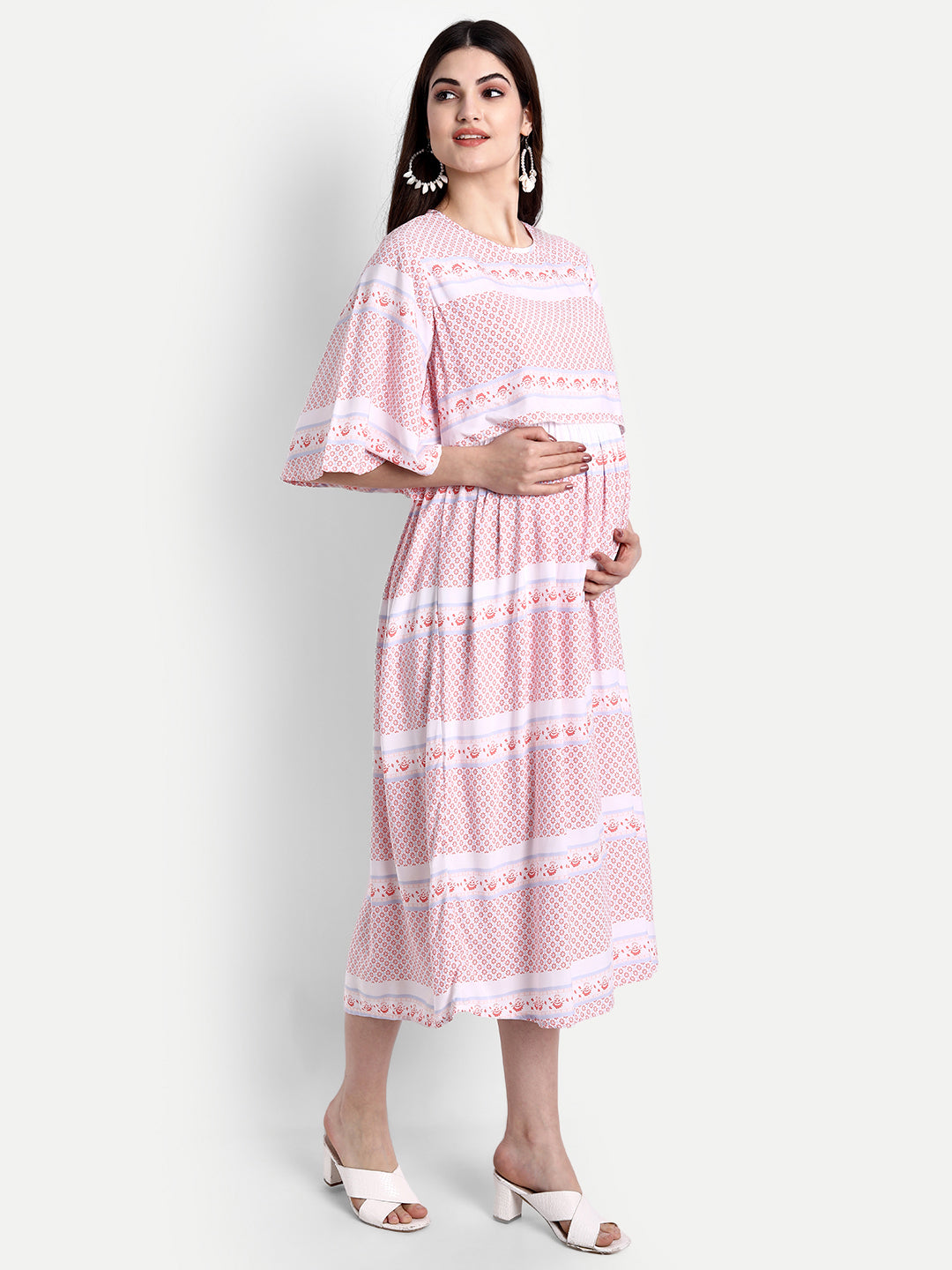 Pink Ethnic Motifs Maternity Midi Dress
