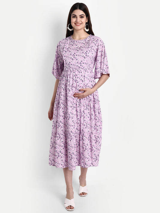 Women Purple & White Floral Maternity Midi Dress