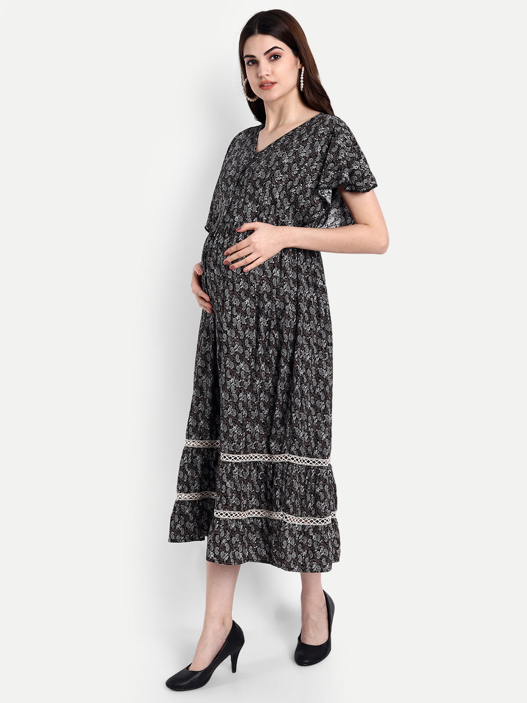 Black Floral Maternity Midi Dress