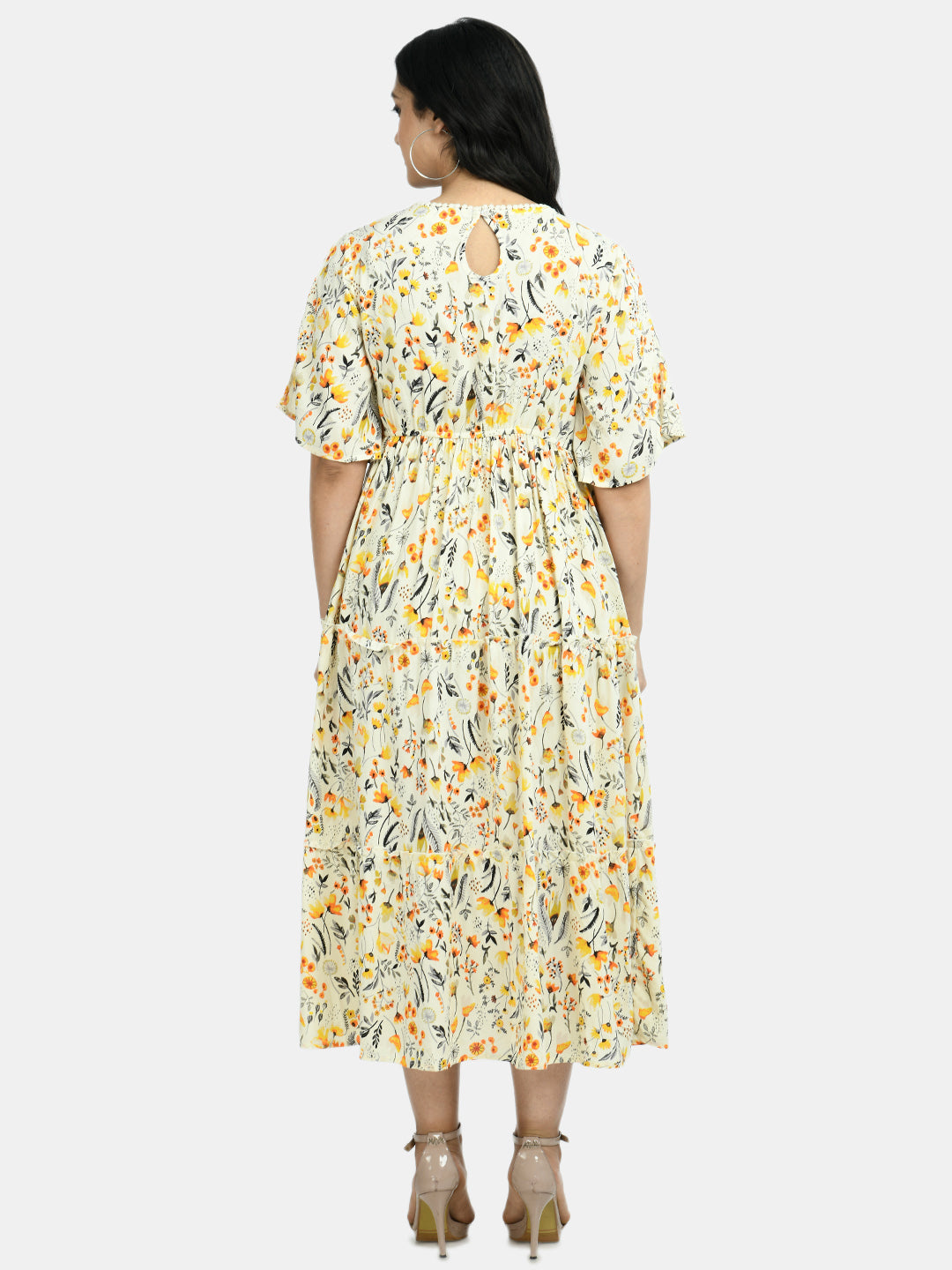 Women Beige & Yellow Floral Printed Maternity A-Line Dress