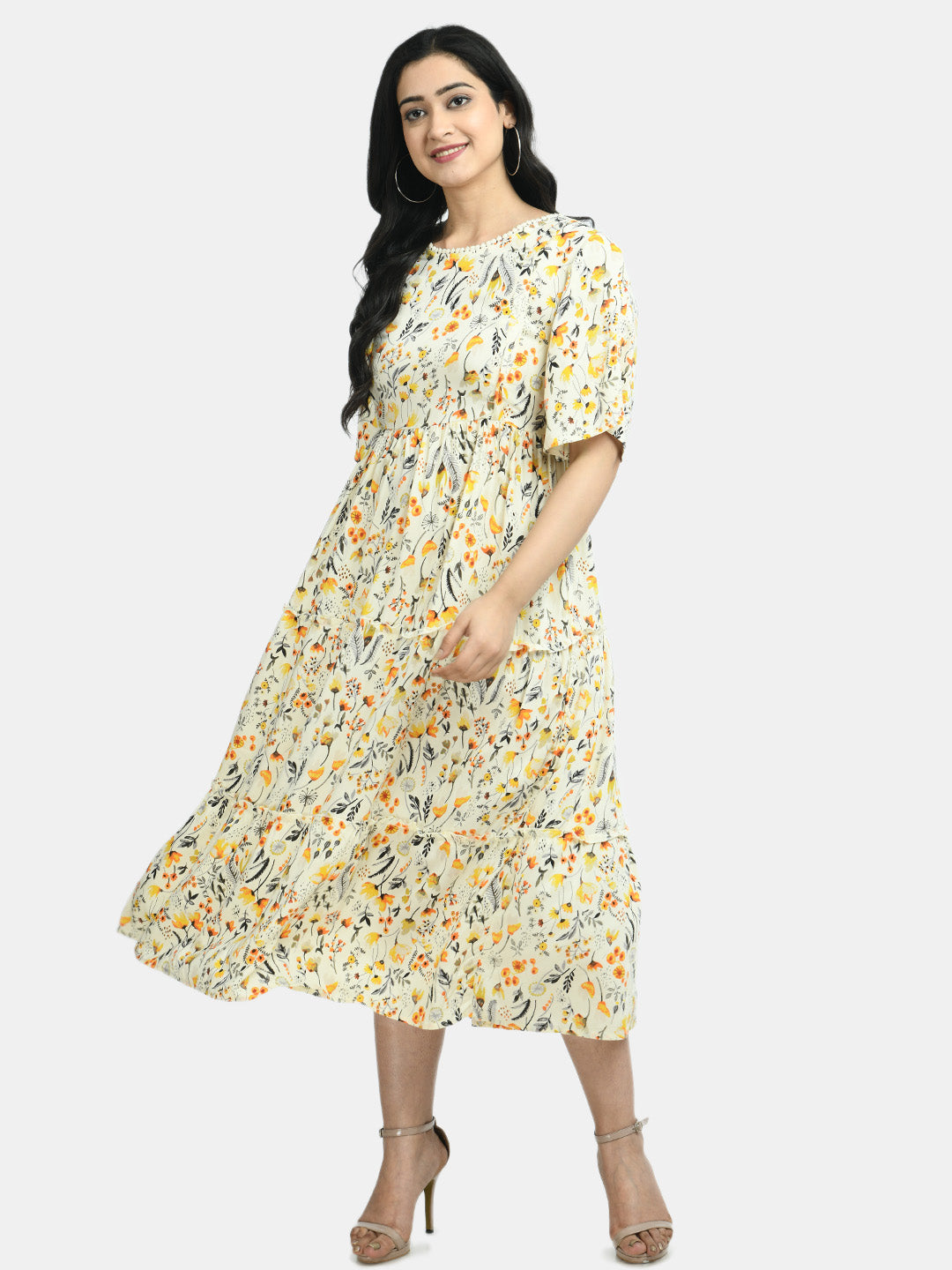 Women Beige & Yellow Floral Printed Maternity A-Line Dress