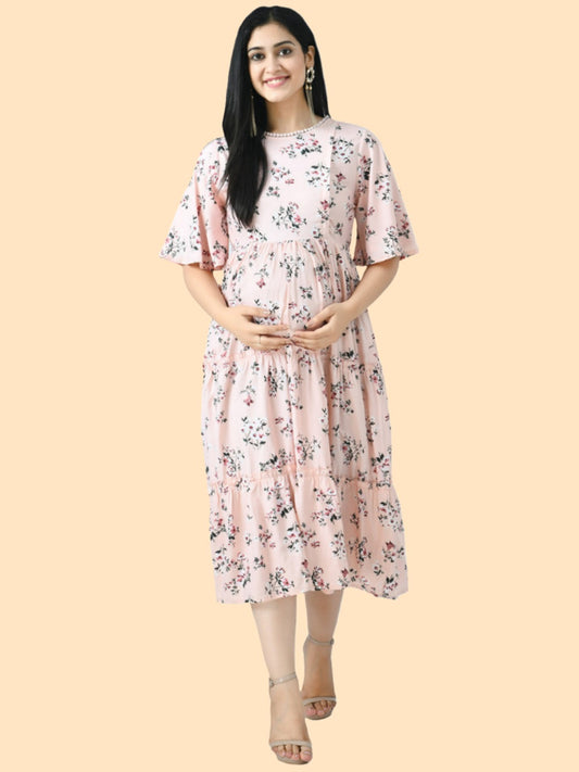 Peach-Coloured Floral Printed Maternity Midi Dress