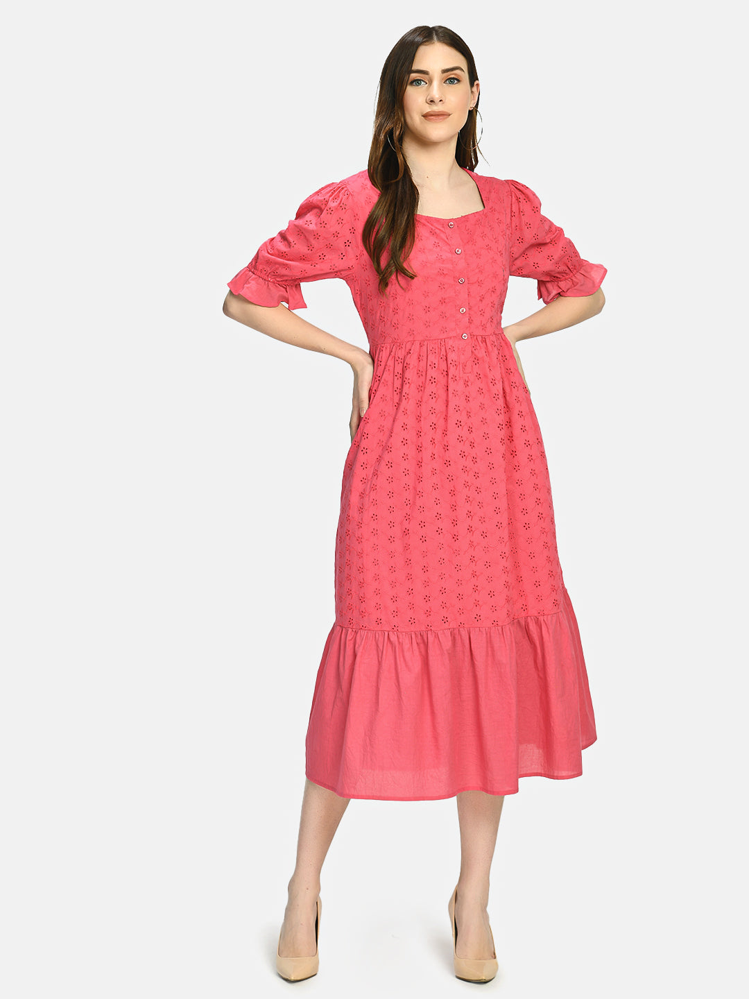 Women Pink Ethnic Motifs Maternity A-Line Midi Dress