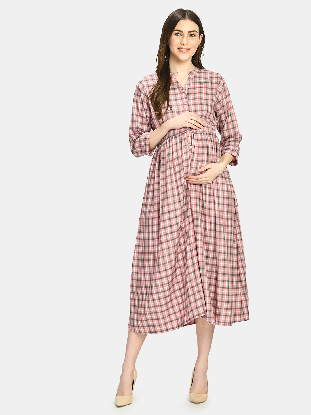 Women Rose & Grey Checked Maternity A-Line Midi Dress