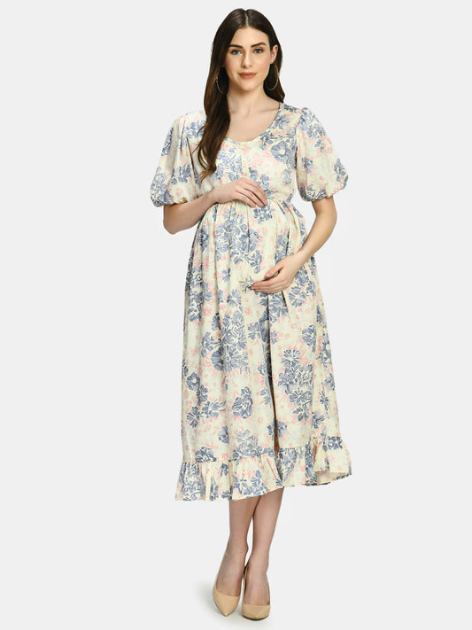 White & Blue Floral Printed Maternity Empire Midi Dress