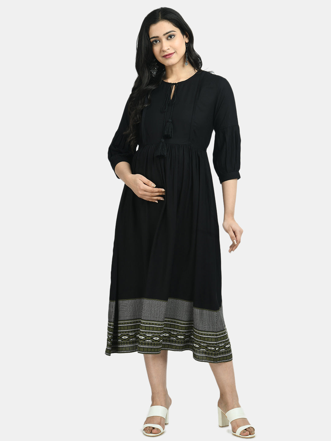 Women Black Solid Maternity Fit and Flare Dress