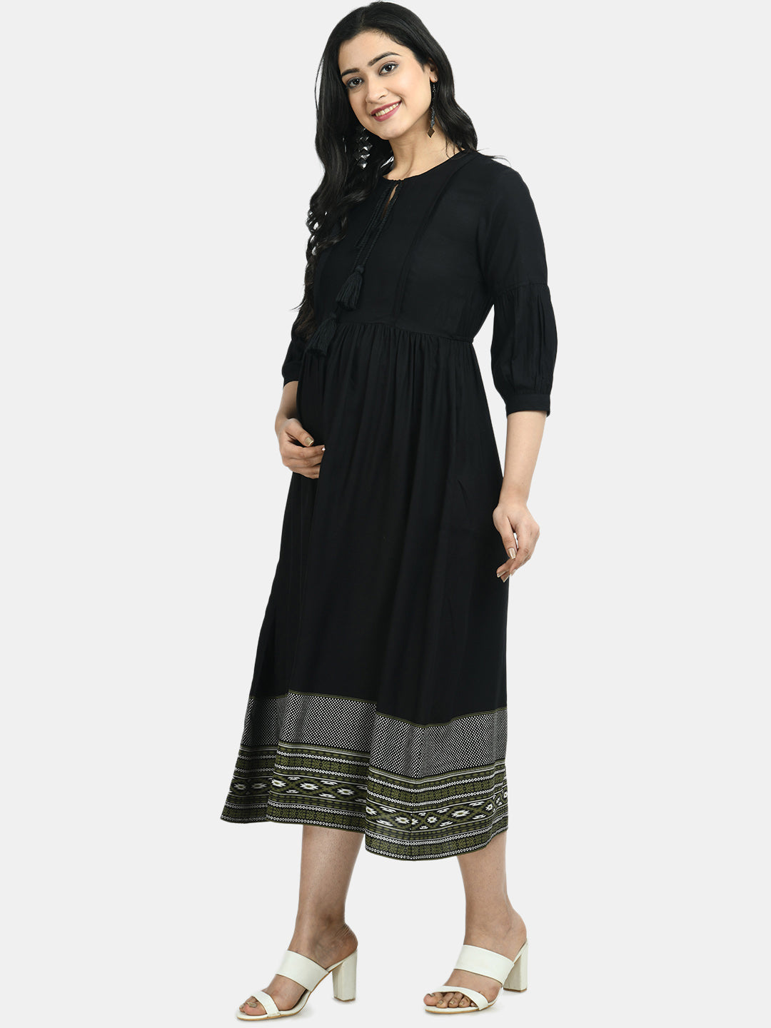 Women Black Solid Maternity Fit and Flare Dress