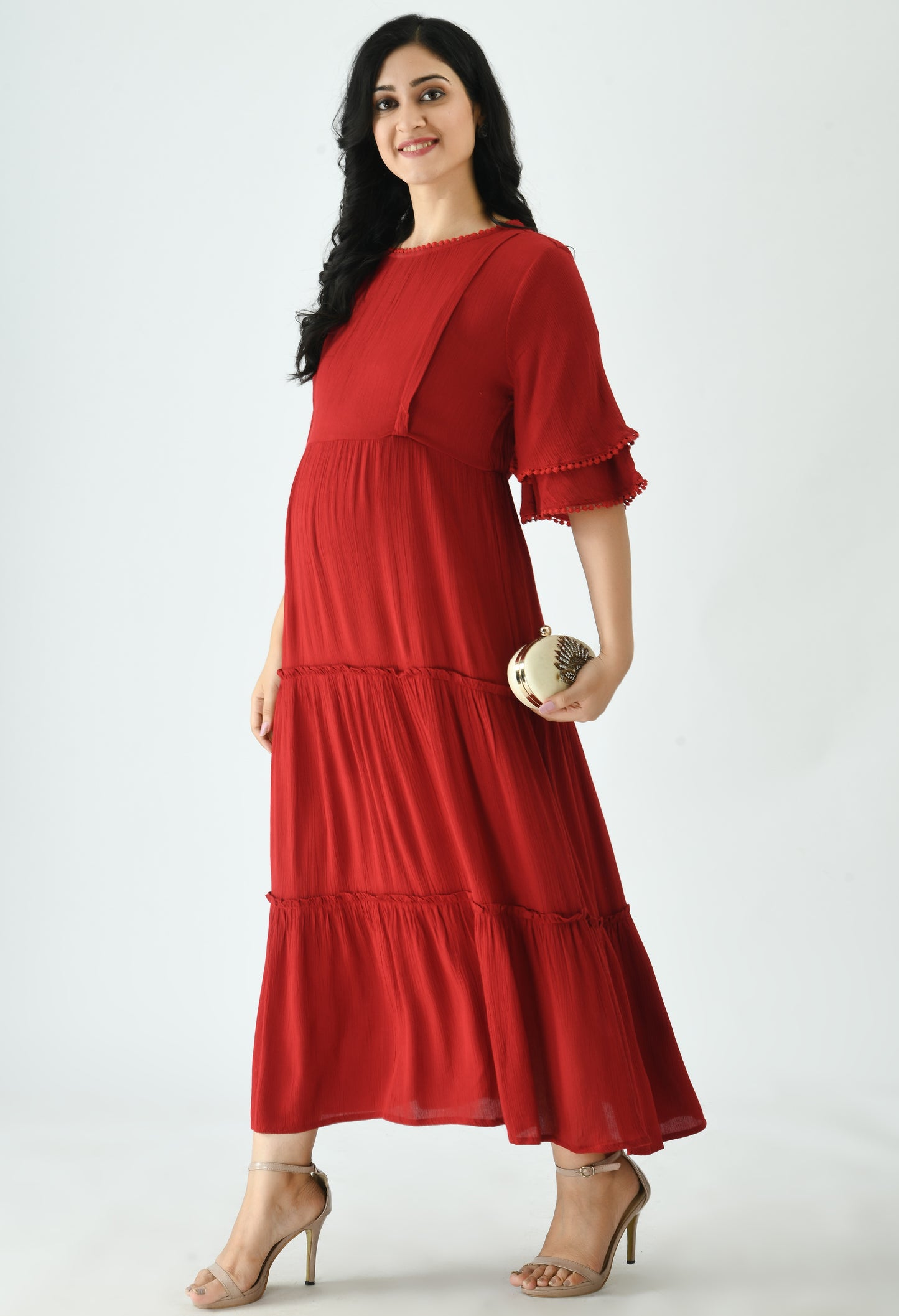 Aaruvi Ruchi Verma Women Red Maternity Tiered Maxi Dress
