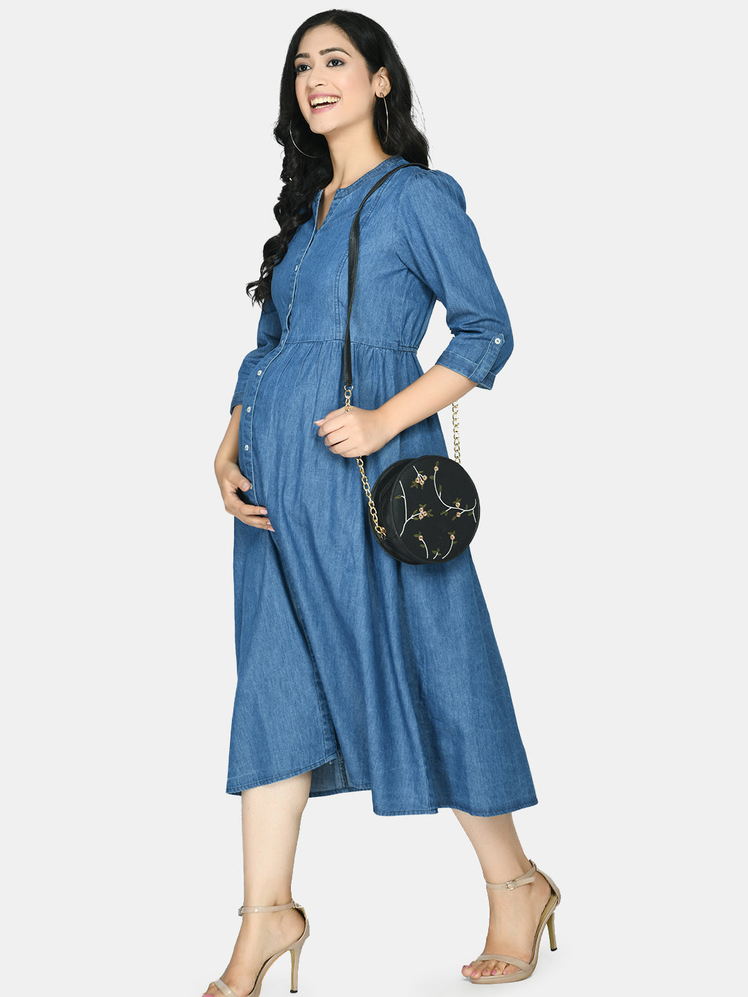 Blue Denim Maternity Shirt Midi Dress