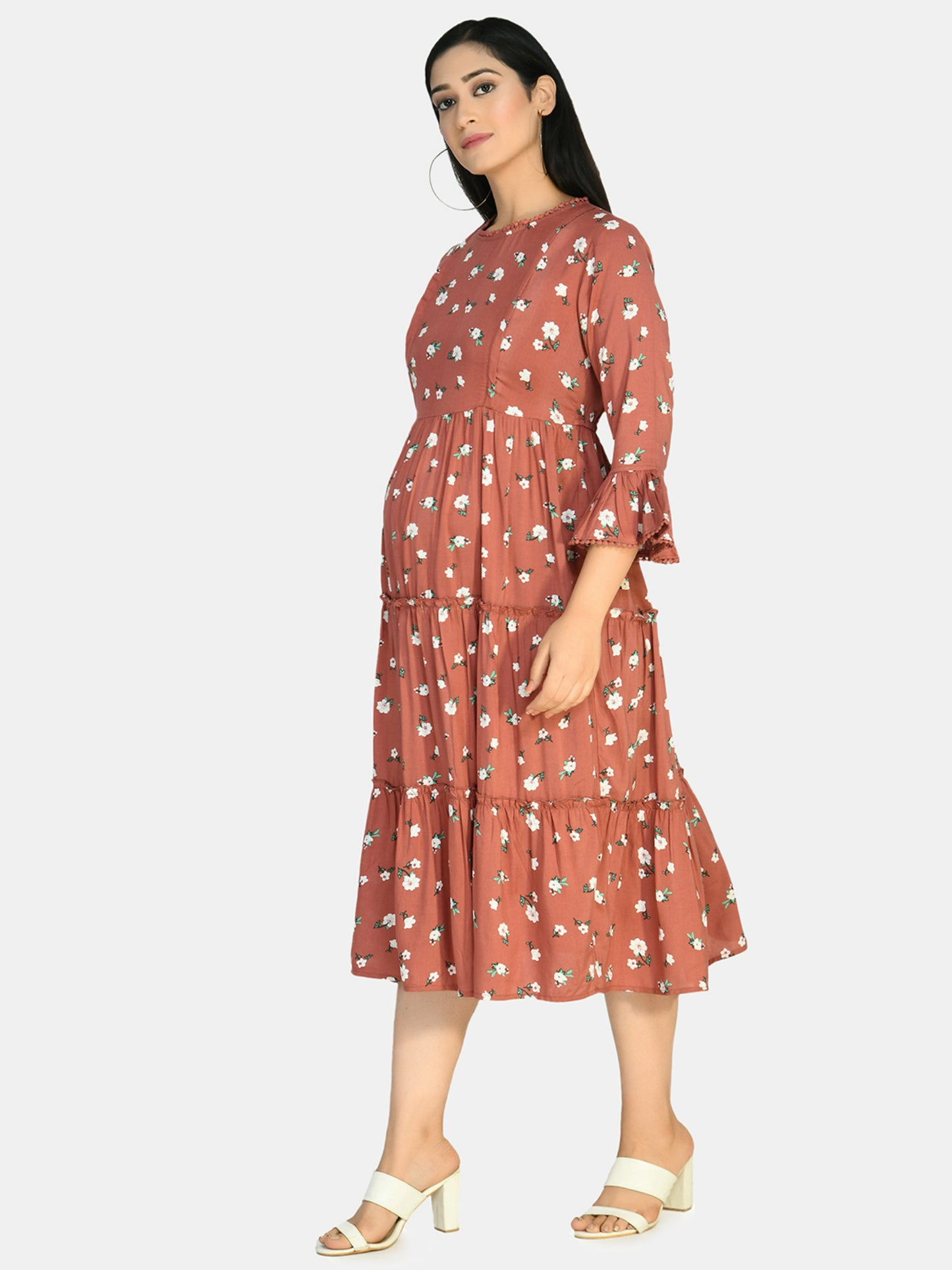 Brown Floral Maternity Midi Dress