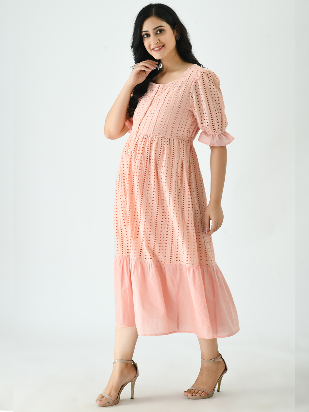 Pink Ethnic Motifs Lace Maternity Midi Dress